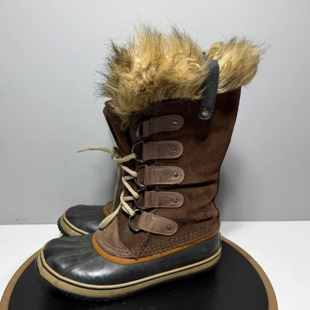 Sorel‎ Tofino Winter Boots Women Size 8 Waterproof Suede Brown Black Faux Fur